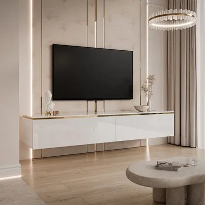 Produktbild von AURORA hängende RTV Wohnwand Weiß / Weiß hochglanz mit LED