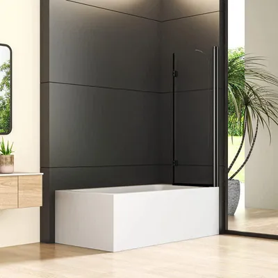 Produktbild von Duschwand für Badewanne 110x140cm 2-teilig Glas Faltbar Duschabtrennung, Schwarz Badewannen Badewannenaufsatz Duschtrennwand, Klappbar Badewannenfaltwand Badewannenwand mit 5mm Nano Sicherheitsglas