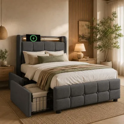 Produktbild von Flieks Polsterbett 90x200cm mit USB und Steckdosen, Jugendbett Einzelbett mit 2 Schubladen, Stauraumbett Massivholzbett mit LED und Lattenrost, Leinen, Grau