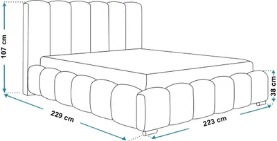 A line drawing of a bed with dimensions indicated.