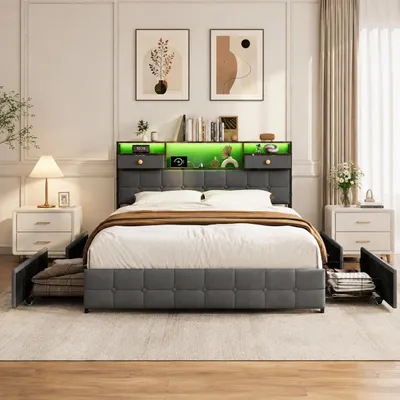Image de Lit tapissé INONEFT 160x200 avec LED et ports USB, lit pour adolescents avec une tête de lit comprenant 2 espaces fermés et 3 étagères ouvertes, 4 tiroirs, couleur gris, Image générée par une IA