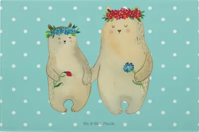 Produktbild von Mr. & Mrs. Panda Schneidebrett Aus Glas Bären mit Blumenkranz - Türkis Pastell - Geschenk, Family, Mama, Lieblingsmensch, Familie, Schneidplatte, Kinder, Hackbrett
