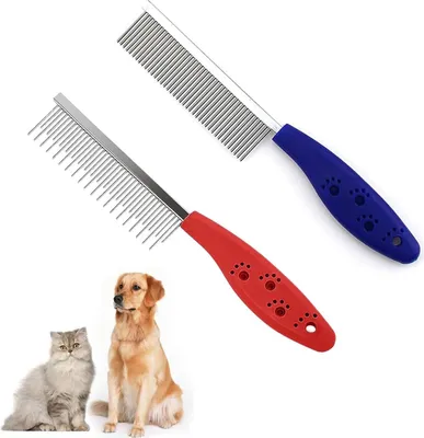 Produktbild von Fellkamm Katze,Entwirrkamm Hund,Hundekamm,Combi Kamm für Hund, Bürste Gegen Flöhe Unterwolle,Katzenkamm mit Doppelseitig Metall Abgerundeten ZäHnen,Flohkamm für Katzen,Katzenkamm,2pcs,rot+Blau