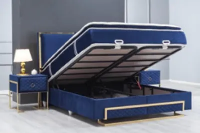 Produktbild von Schlafzimmer Set Bett Blau Hocker Kommode Design Luxus 2x Nachttische 5tlg. Neu