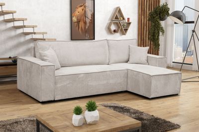 VENASI HUGO Universell Ecksofa mit Schlaffunktion und Bettkasten Cord Beige Schlafsofa Eckcouch Sofa