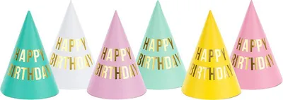 Produktbild von Happy Birthday Hüte, Mix, 16cm (1 Packung / 6 Stück)