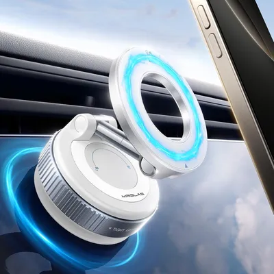 Immagine prodotto di Supporto per telefono da auto, bianco, con regolazione a 360°, dotato di un potente magnete e di una ventosa a vuoto, compatibile con dispositivi MagSafe