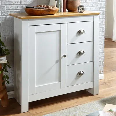 Image de FineBuy Sideboard avec 3 tiroirs 79x81x35 cm Commode Blanc / Chêne Moderne Design Buffet haut avec porte Commode à tiroirs Salon