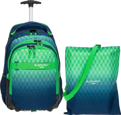 Produktbild von Trolley Rucksack 2 Teile Set Elephant Hero Signature Schultasche Ranzen Trolly Schultrolley Turnbeutel Jungen Mädchen 12811 Cube Green Blue tt