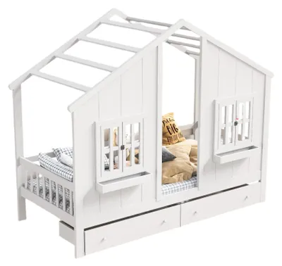 Produktbild von Kinderbett – Hausbett – Spielbett – Kinderbett mit Stauraum – Aus Kiefernholz – Matratzengröße: 90x200 cm