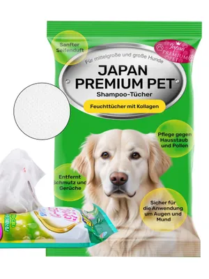 Produktbild von Japan Premium Hundeshampoo Tücher groß – 15 Trockenshampoo-Feuchttücher mit Kollagen & Plazenta, reinigend & desodorierend für Hunde (40x30 cm)