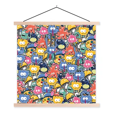 Produktbild von MuchoWow® Textilposter Design - Lustig - Abstrakt - Rot - Blau - Kinder 60x60 cm mit holzfarbenen Rahmen - Wanddekoration