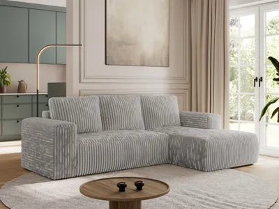 Produktbild von MKS MEBLE Sofa mit Schlaffunktion - Ecksofa mit Schlaffunktion und Bettkasten - Sofa 3 Sitzer - Schlafsofa - Couch - Schlafsofa mit Bettkasten - Trentino L - Hellgrau Cord - Links