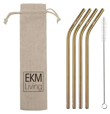 Image de Edelstahl Strohhalme 4er Set Kupfer gebogen, Trinkhalme, bruchfest, wiederverwendbar, spülmaschinengeeignet, plastikfrei, von EKM Living GmbH