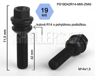 Obrázek produktu pro Kolový šroub M14x1,5x42 koule R14 pohyblivá, černý, klíč 19, výška 71,5
