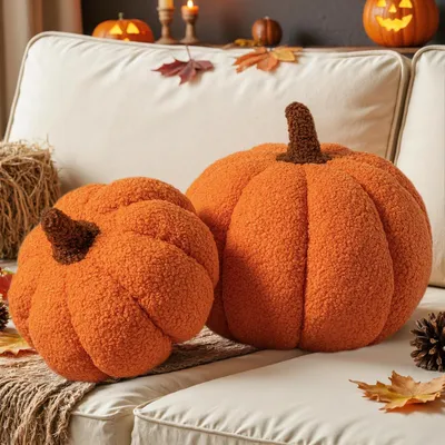 Produktbild von Lanpn 2 Stück Herbst kürbis Kissen, Halloween Deko Kürbis Dekokissen 3D Kürbisoptik Kürbiskissen für Sofa Couch Schlafzimmer Thanksgiving Herbst Dekoration (Orange, 32x22 cm & 23x18 cm)