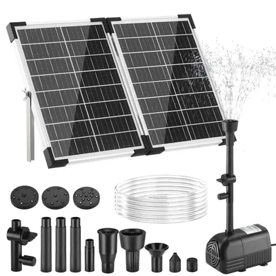 Obrázek produktu pro Solární fontána do zahradního jezírka – solární čerpadlo 25 W – skleněný solární panel 28 cm – průtok 260 l/h – 8 trysek a 2 filtry – bezkartáčový motor