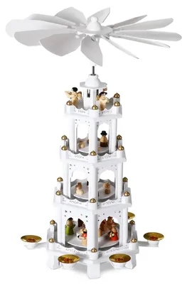 Image de Spielwerk Pyramide de Noël en Bois véritable Blanc Peint à la Main 12 hélices 6 bougeoirs décoratifs Figurines 4 étages noël Personnage de Noël fête