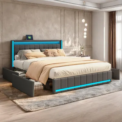 Obrázek produktu pro Čalouněná postel ProximaX 160x200 cm se 4 zásuvkami, úložný prostor manželská postel s funkcí zásuvky, postel pro mládež dřevěná postel s LED, funkční postel, povlečení, šedá barva