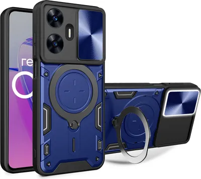 Produktbild von Handyhülle für Realme C55 Dual-Layer Stoßfest Rüstung Hülle mit Dia Kameraschutz und Kreisförmig Ring Ständer Blau