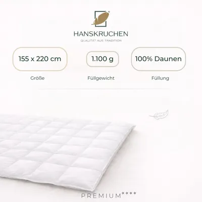 Produktbild von HANSKRUCHEN Daunendecke Winter 155x220 cm extra Warm 100% Daunen waschbar Allergiker Decke atmungsaktiv Winterbettdecke weiß