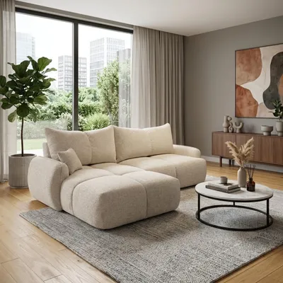 Produktbild von Ecksofa mit Schlaffunktion LOBINO DL-Automat, L-Form, weiche Polsterung, gesteppte Kissen, Bettkasten Chenille-Stoff mit Webstruktur Beige Links