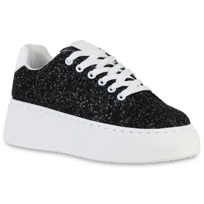 Produktbild von VAN HILL Damen Plateau Sneaker Keilabsatz Schnürer Glitzer Plateau-Schuhe 840510, Farbe: Schwarz, Größe: 37