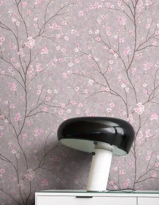 Produktbild von NEWROOM Tapete Grau Vliestapete Blumen - Blumentapete Floral Rosa  Kirschblüte Bäume Blätter Tropisch