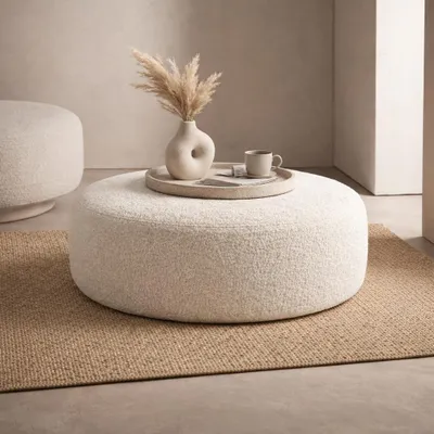 Produktbild von Sofello Pouf MOLLY rund 100 cm Bouclé Stoff Creme – Moderner Sitzhocker / Fußhocker für Wohnzimmer