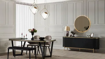 Produktbild von Modern 8tlg.Esszimmer Set Esstisch 4x Stühle Anrichte Spiegel Bank