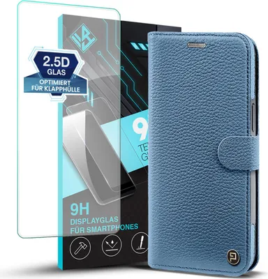Produktbild von Echtleder Handyhülle für Samsung Galaxy S25 Ultra mit 9H Displayglas RFID Schutz Cover Leder Hülle Magnetring 2-in-1 Bumper abnehmbar Farbe: Blau
