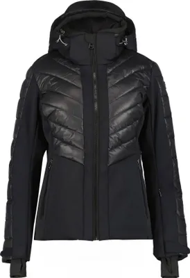 A black women's ski jacket with quilted chest panels and a hood, presented front-on against a white background.