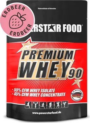Produktbild von Powerstar PREMIUM WHEY 90 | 90% Protein i.Tr. | Whey-Protein-Pulver 4000 g | 55% CFM Whey Isolat & 45% CFM Konzentrat | Eiweiß-Pulver Strawberry