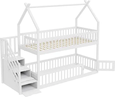 A white bunk bed with a house-shaped frame, a safety staircase, and drawers.