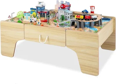 Imagen del producto de Mesa de juego de madera para niños, juego de tren de 110 piezas