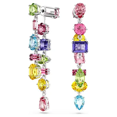A pair of dangling earrings with multiple colorful gemstones.