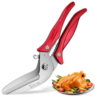 Image de Ciseaux de cuisine en acier inoxydable, avec manche rouge, lame de 10 cm, manches de 283 g, ciseaux polyvalents