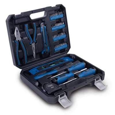 Produktbild von Scheppach Werkzeugkoffer WZK49 - 50tlg. gefüllt | stabiler Kunststoffkoffer | mit Hammer, Maßband, Bits, Messer, Wasserwaage u. Zangen