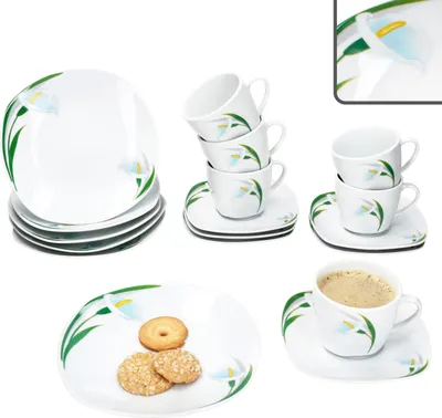 Produktbild von 18tlg Kaffeeservice White Calla Porzellan Tassen Untertassen Teller weiße Blumen