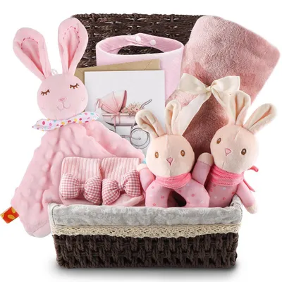 Produktbild von Baby Geschenkset 9-teilig Rosa mit Decke Hase Lätzchen Socken Korb