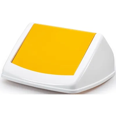 A white and yellow trash can lid on a white background.