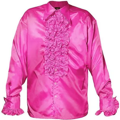 A pink ruffled shirt displayed flat.