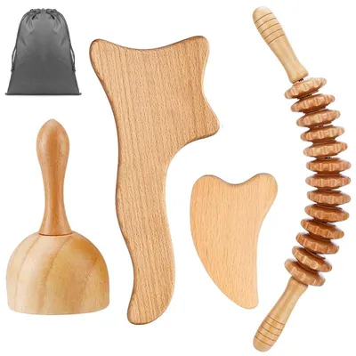 Immagine prodotto di Set di Gua Sha, 4 pezzi - Rulli/grattatoi in legno per massaggio - Massaggiatore per collo, gambe, occhi e schiena - Sollievo dal dolore/rilassamento - Maderoterapia, legno