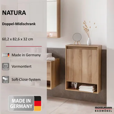 Produktbild von FACKELMANN Doppel-Midischrank Natura / Badschrank mit Soft-Close / Maße (B x H x T): ca. 60,2 x 82,6 x 32 cm / hochwertiger Schrank fürs Bad / 2 Türen / Offene Ablagefläche / Korpus & Front: Braun