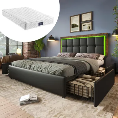 Produktbild von Bettgestell mit LED-Beleuchtungsleiste und 4 Schubladen, Doppelbett Polsterbett 140x200cm, Höhenverstellbarem Kopfteil, Funktionsbett