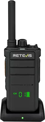 A black Retevis walkie-talkie is shown in its charging dock against a white background.