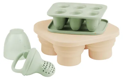 Produktbild von Babymoov Babybrei Einfrieren Behälter Set & Fruchtsauger - Beikost Baby Zubehör aus Silikon, mit Deckel - Fruchtsauger Baby für Zahnungshilfe