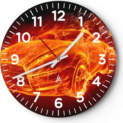 Produktbild von Wanduhr - Rund - Glasuhr - Auto Flammen Räder - 40x40cm - Schleichendes Uhrwerk - Lautlos - zum Aufhängen bereit - Dekoration Modern - Wanddekoration aus Glas - C4AR40x40-0199