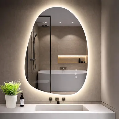 Produktbild von GIMBELEN Asymmetrischer Badezimmerspiegel mit Beleuchtung 83 × 60 cm, 3 Lichtfarben, Dimmbar, Antibeschlag, IP44 Wasserdicht, Led Spiegel Bad