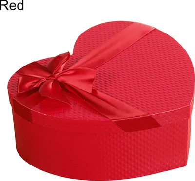 A red heart-shaped gift box with a red ribbon and bow.